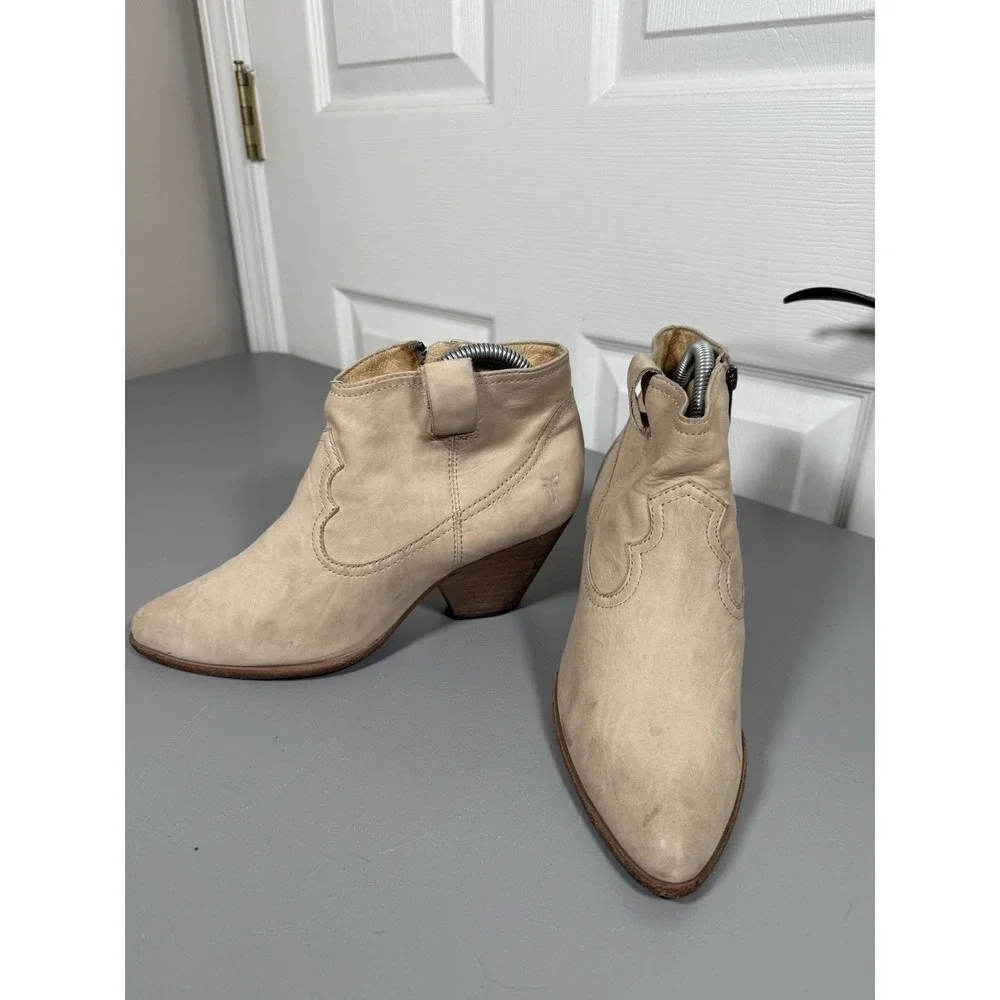 Frye Reina Heeled Ankle Boots Bootie Women's US 7.5M Beige Leather Zip 3472056